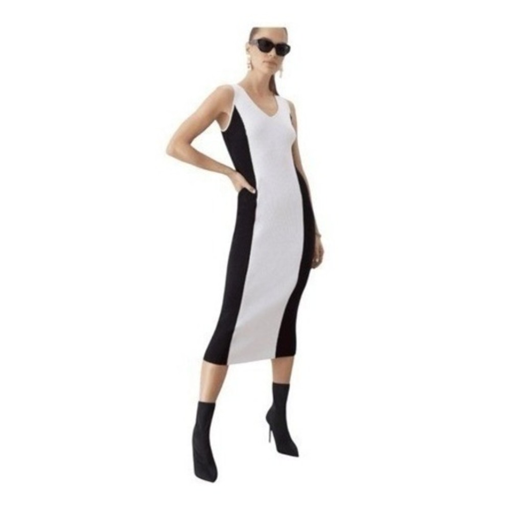 GSTQ Colorblock Sweater‎ V-Neck Midi Dress Black White Knit M